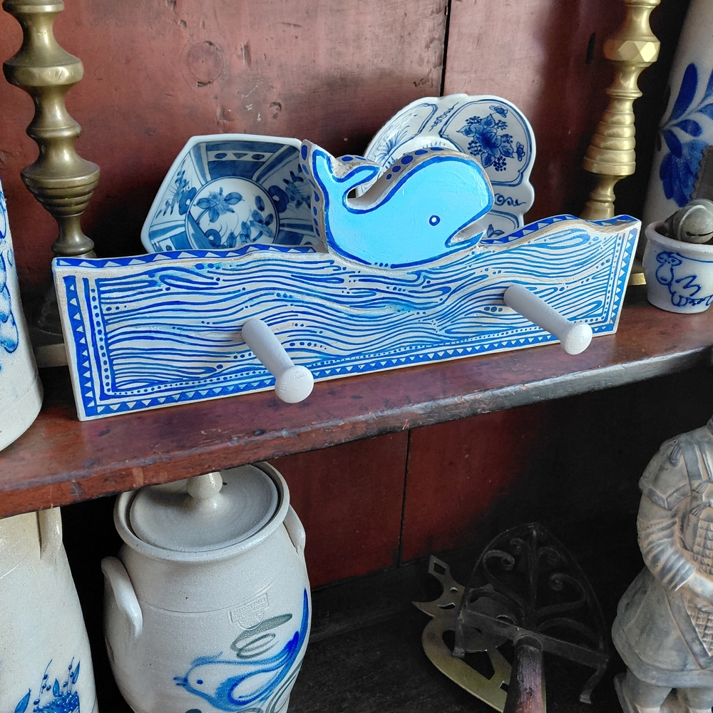 Handmade wooden whale cobalt blue scrimshaw style nautical art wall hanger